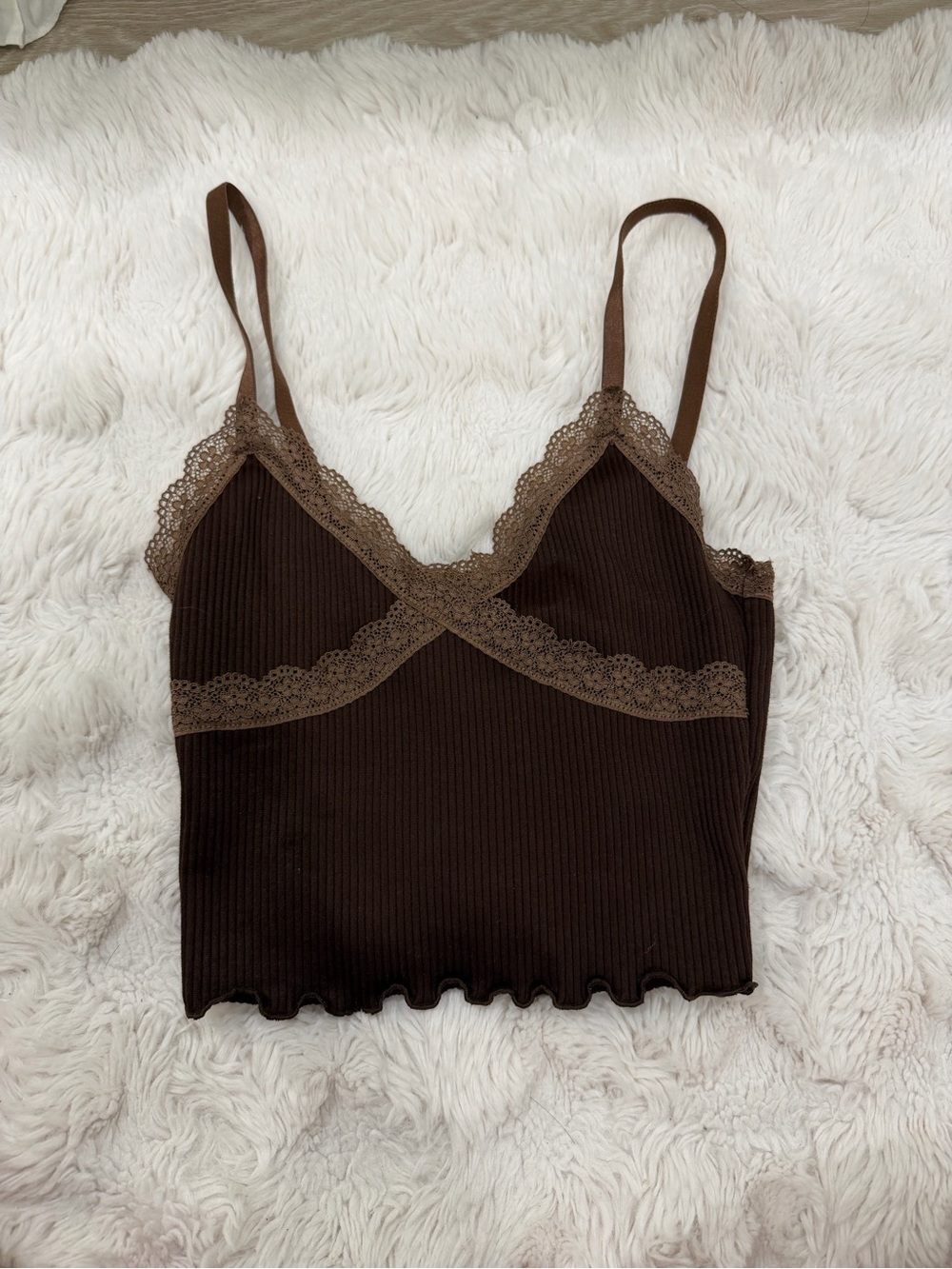 H&M Brown Lace-Trim Ribbed Camisole